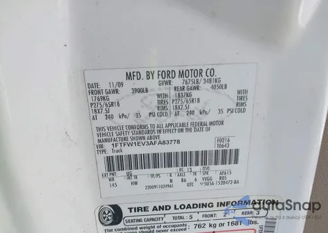 2010 Ford F-150 Fx4/Harley-Davidson/King Ranch/Lariat/Platinum/Xl/Xlt из США, поврежденный, VIN 1FTFW1EV3AFA83778